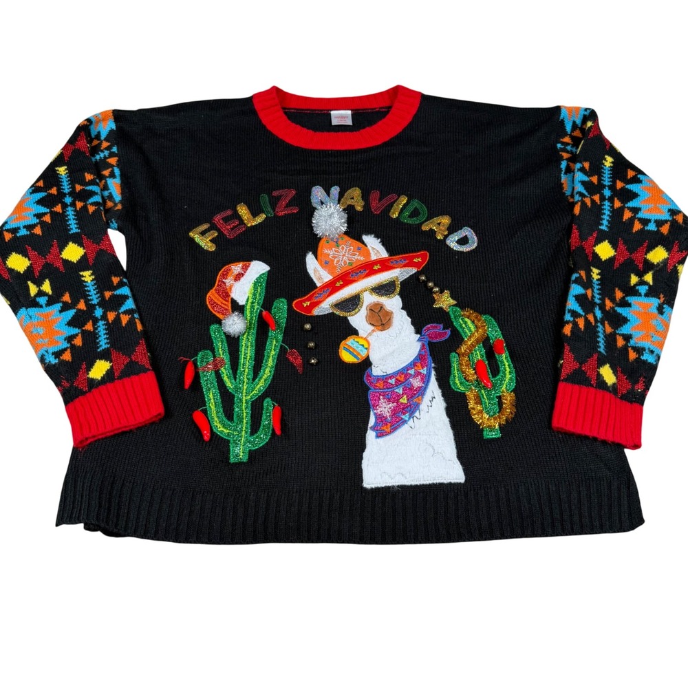 Holiday Time Feliz Navidad Llama Ugly Christmas Sweater Black Womens Large 12-14